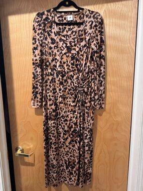 Cabi Selma Cheetah Bodice Drawstring Knit Midi Long Sleeve Dress - Size Small